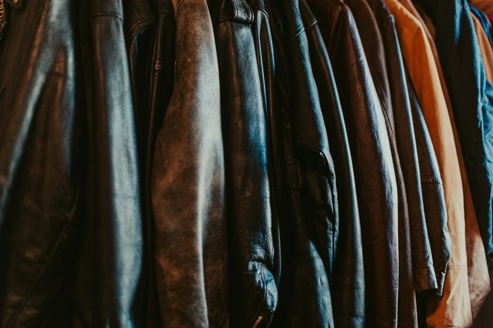 A long row of worn leather jackets hanging on a rack, black at one end shading to brown